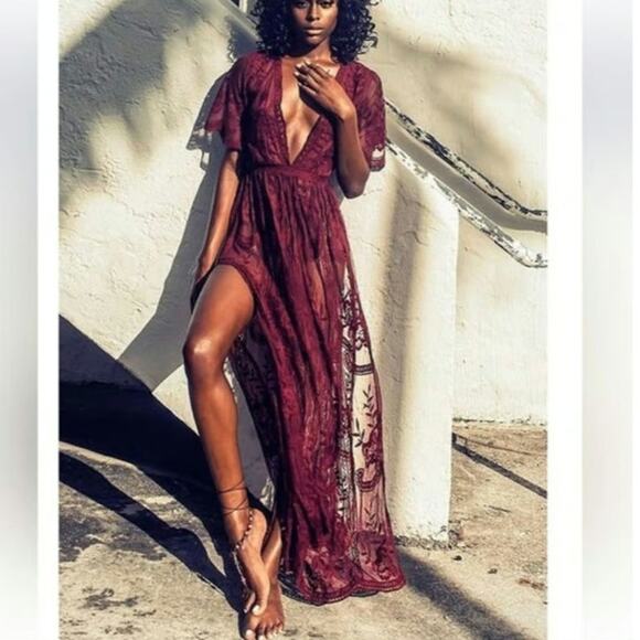 Red Wine Merlot Lace Deep V Plunge XL Romper - Picture 1 of 3